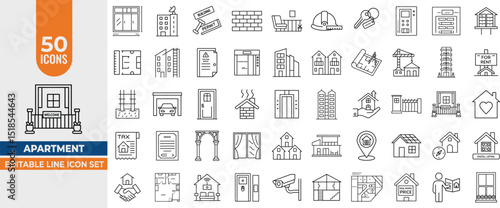 50 Editable Line Icons for Apartment Complexes, Housing, flat, home, architecture, property, building, residential, Editable stroke. Vector illustration