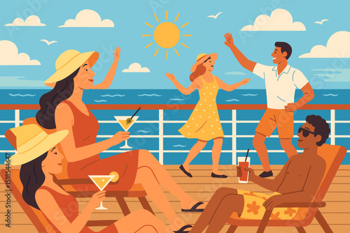 Sunny day on a cruise deck with friends enjoying drinks and dancing by the ocean