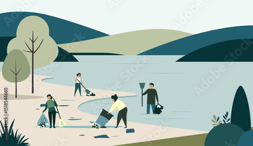 Eco illustration in a flat style. People pick up trash, clean the river from garbage. Care for the environment