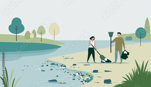 People pick up trash, clean the river from garbage. Eco illustration in a flat style. Care for the environment