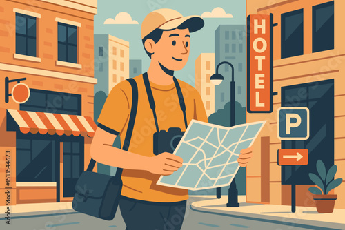 Tourist exploring city with map and camera during bright day in urban setting