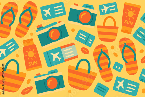 Travel essentials illustration featuring summer items and vacation gear on a yellow background