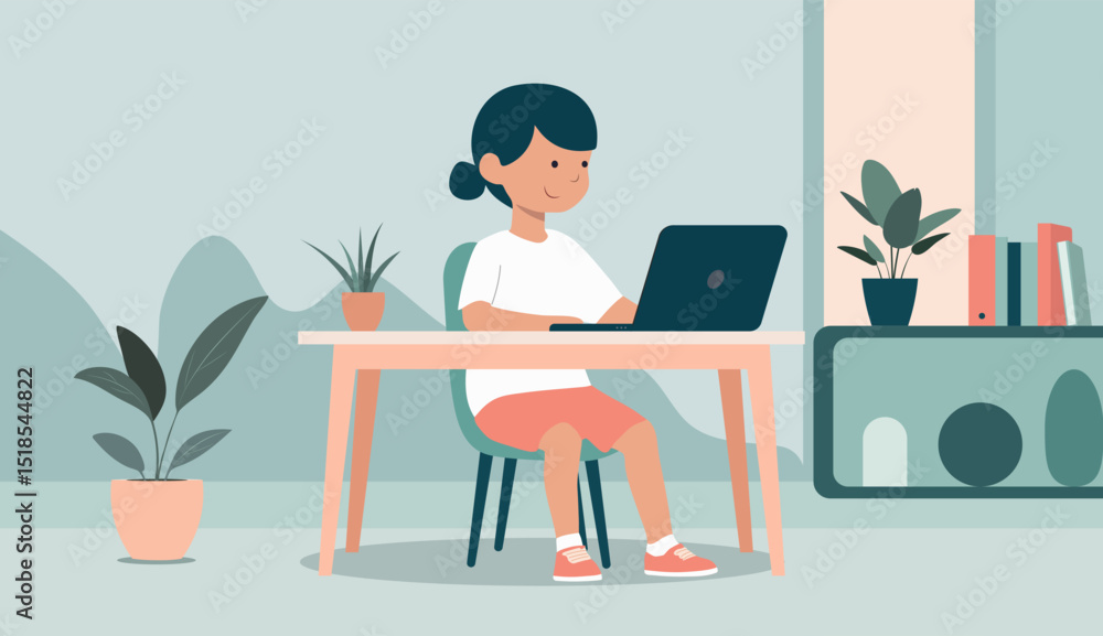 Fat illustration of a child sitting at a desk with a laptop, learning remotely from home. Simple room background Fat illustration of a child sitting at a desk with a laptop, learning remotely from home. Simple room background