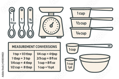 Measurement conversions guide for cooking in a kitchen setting featuring various tools and units