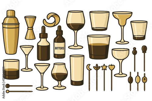 Collection of cocktail glasses, shakers, and bitters on a white background for mixology enthusiasts and bartending
