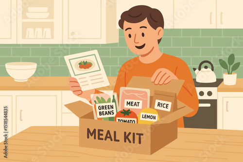 Exploring a new meal kit delivery at home while enjoying cooking and preparing a fresh meal