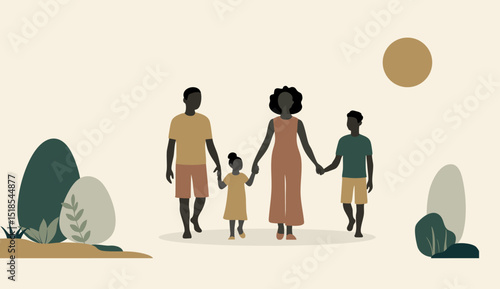 Flat illustration of african american family. Parents and children. Beautiful woman, man and two kids. People with dark skin color.