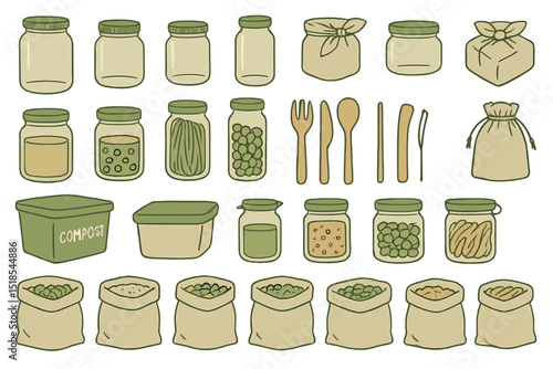 Various containers for food storage and composting in a simple, minimalist design suitable for sustainable living