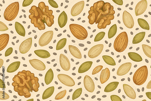 Colorful assortment of nuts and seeds on a cream background showcasing natural textures and patterns