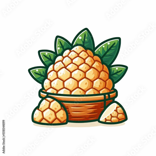 A cartoonstyle fruit possibly a pineapple variant in a basket with leafy greens