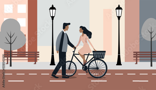 Minimalist flat illustration of a romantic scene. A man standing and a woman sitting on a bicycle. City background.