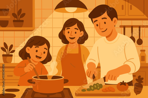 Family cooking together in a cozy kitchen preparing a meal during a warm afternoon