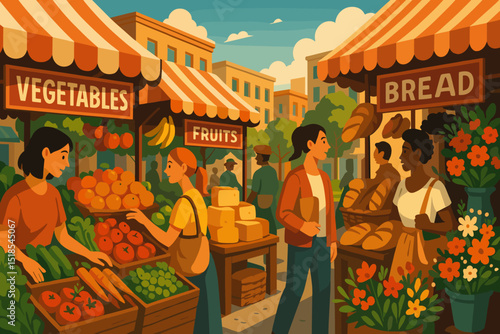 Vibrant market scene with local vendors selling fresh produce and baked goods during a sunny day