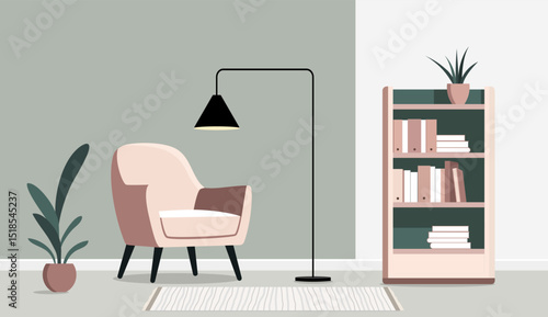 A minimalist modern illustration of a cozy interior corner. An armchair, floor lamp, bookshelf. Soft muted tones