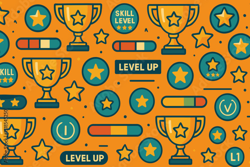 Colorful design featuring trophies, stars, and progress bars representing skill levels and achievements in gaming or competitions