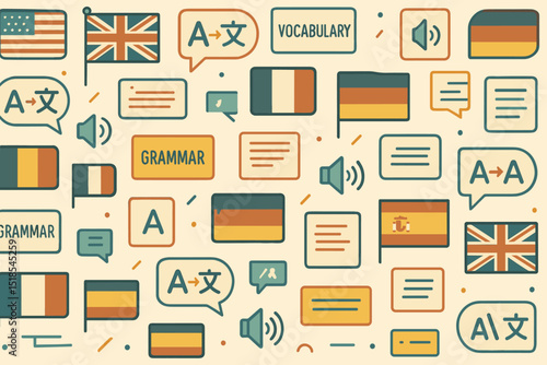 Educational elements featuring flags and text related to language learning and vocabulary development