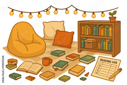Cozy reading nook with colorful books and warm lighting setup for relaxation and reflection