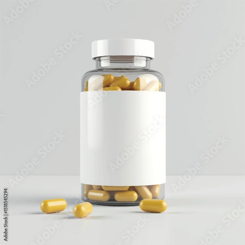 supplement bottle mockup with capsules in it with white label, 3d product mockups,protein jar,medicine bottle with pills,omega 3 capsules,realistic mockups,photography,transparent vitamins bottle