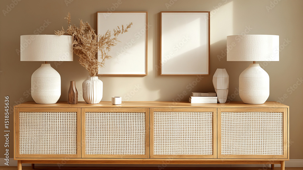 Fototapeta premium Versatile furniture for contemporary environments. An elegant sideboard that adapts to different decor styles, adding beauty and functionality to the space. Great for architecture and design magazines