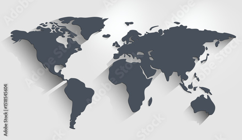 A clean vector of the world map silhouette in solid dark gray with a soft drop shadow behind it. Simple flat design