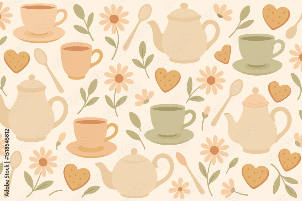 Soft pastel tea and flower pattern with cups, teapots, and cookies on a light background Soft pastel tea and flower pattern with cups, teapots, and cookies on a light background