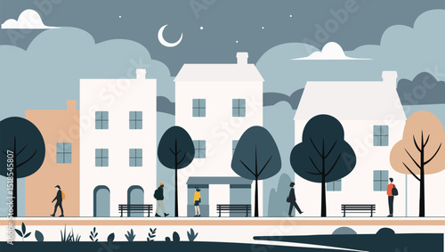Night city flat illustration. City scene with silhouettes of people. Panoramic view of a small town in the evening.