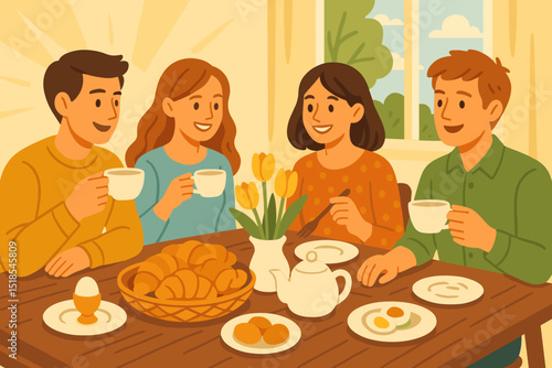 Four friends enjoy a cozy breakfast gathering with pastries and tea in a bright, inviting room during the morning