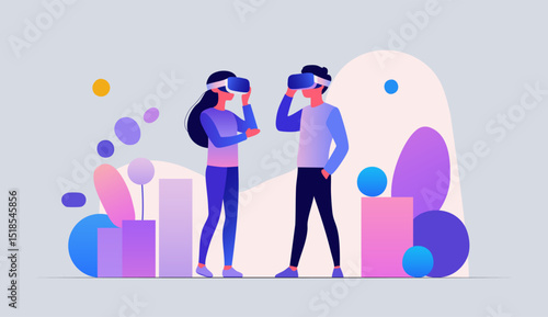 Vector illustration of a boy and girl using virtual reality glasses. People wearing VR glasses. Abstract flat design.