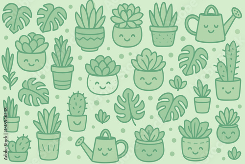 Cute hand-drawn succulent plants and watering can pattern in soft green colors on a light background
