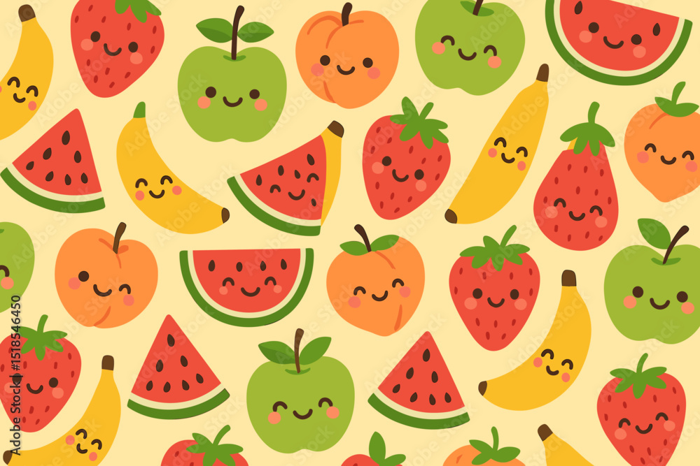 Colorful fruit pattern featuring cheerful characters in a playful design for a vibrant background Colorful fruit pattern featuring cheerful characters in a playful design for a vibrant background