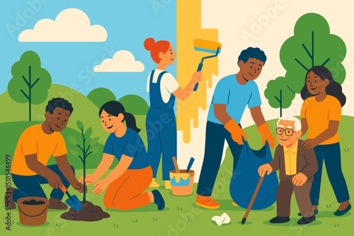 Community members participate in a local park cleanup and gardening event on a sunny afternoon