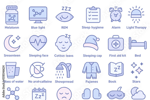 Various sleep-related icons showcasing tips and tools for better nighttime rest and relaxation practices for improved sleep quality