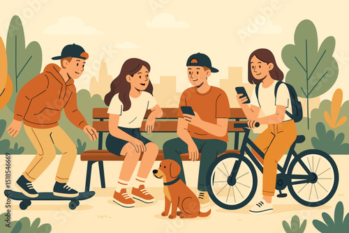 Friends enjoying a sunny day in the park with a dog while skating and biking