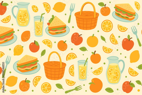 Colorful picnic pattern featuring sandwiches, fruits, and beverages ideal for outdoor gatherings in a cheerful setting