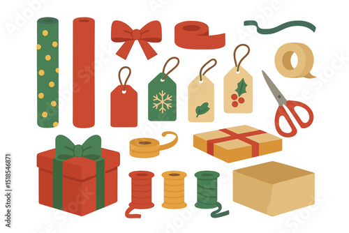 Colorful wrapping supplies and tools arranged for holiday gift preparation in a cheerful setting
