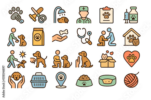 Dog care icons illustrating important activities and services for pet owners and veterinarians in a colorful design
