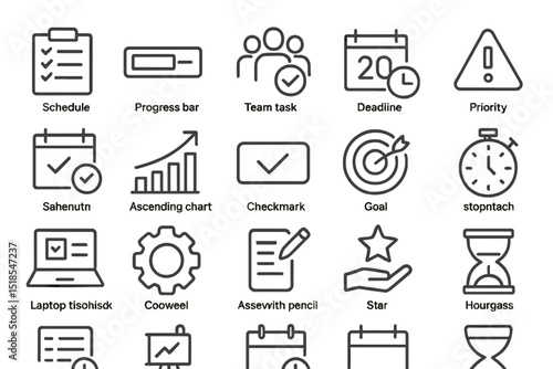 Icons and symbols representing productivity and time management in a modern workspace setting