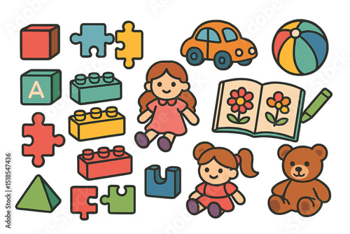 Colorful toys and playful elements arranged for a child's imaginative playtime in a cheerful setting