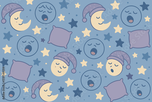 Colorful night-themed illustration featuring whimsical characters, stars, and pillows in soothing tones