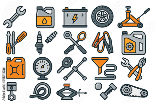 Essential tools and automotive equipment arranged on a flat surface for repair and maintenance tasks