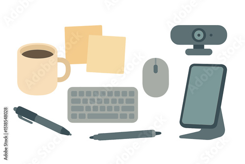 Digital workspace setup featuring writing tools, a coffee cup, and technology essentials for remote work