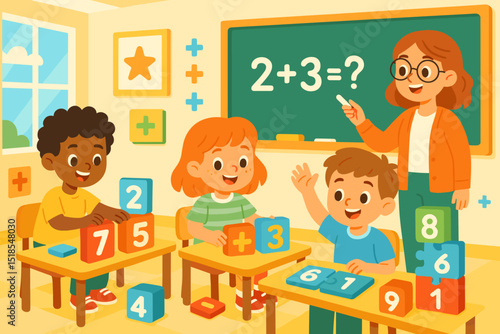 Children learning arithmetic in a colorful classroom with a teacher engaging students at a math lesson