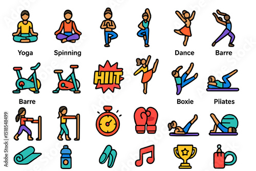 Diverse fitness activities illustrated in colorful icons showcasing various exercise options for a healthier lifestyle