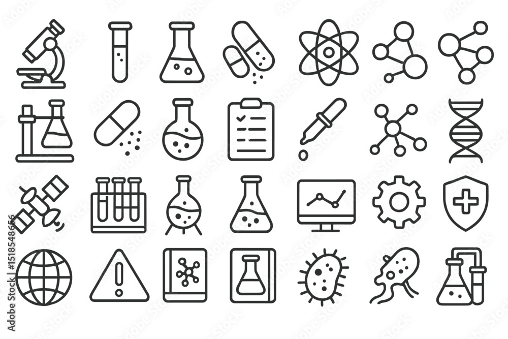 Various scientific symbols and icons representing research, experimentation, and medical fields in a minimalist design Various scientific symbols and icons representing research, experimentation, and medical fields in a minimalist design