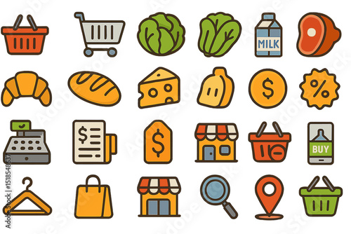 Colorful grocery shopping and retail icon set with food and tools