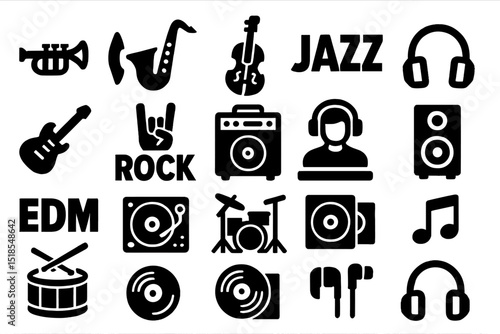 Dark music genre and instrument icon set with DJ, jazz, and rock themes