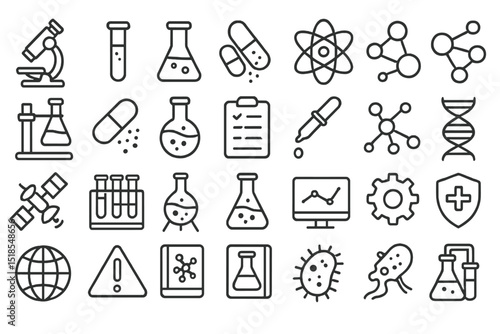 Various scientific symbols and icons representing research, experimentation, and medical fields in a minimalist design