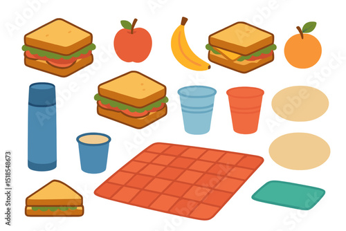 Colorful picnic items displayed on a picnic blanket with sandwiches, fruits, and drink containers for a sunny outdoor gathering