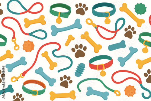 Colorful pet accessories scattered on a background showcasing collars, leashes, and toys for dogs and cats