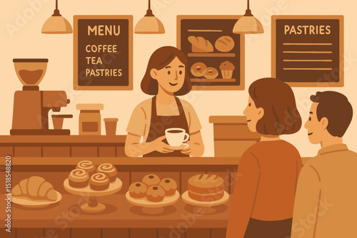 Friendly barista serving coffee and pastries in cozy café scene